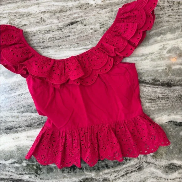 Express Red Eyelet Ruffle Blouse - Picture 3 of 6